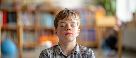 down syndrome teenage boy practicing deep breathing exercises with a therapist, down syndrome, emotional regulation