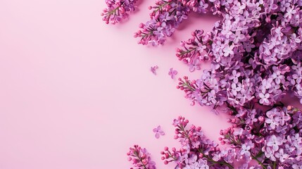 Wall Mural - Lilac Flowers on Pink Spring Background Mockup Top View with Copy Space