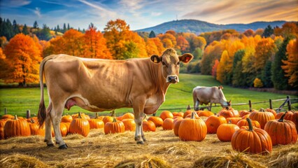 Wall Mural - Rustic autumn scene featuring a cow standing alone in a verdant green pasture surrounded by vibrant orange pumpkins and hay.