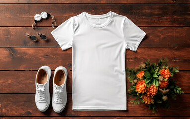 Poster - A white shirt and white shoes are on a wooden table.