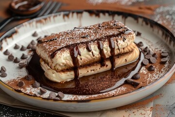 Canvas Print - Tiramisu with chocolate glaze and sweet breading resembles eggplant on chocolate chip pillow Serving on ceramic plate