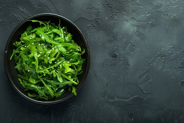 Wall Mural - Top view of a seaweed salad in a bowl on a black table with green wakame