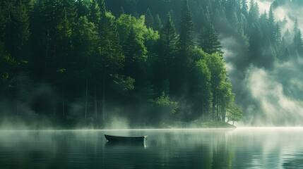 Poster - serene lake surrounded by tall pine trees 