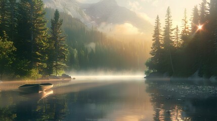 Poster - serene lake surrounded by tall pine trees 