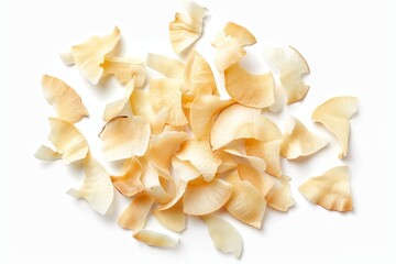 Poster - Top view of delicious coconut chips on white background ideal for banner design