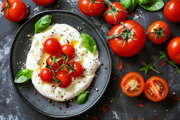 Wall Mural - Top view of delicious burrata cheese and fresh tomatoes