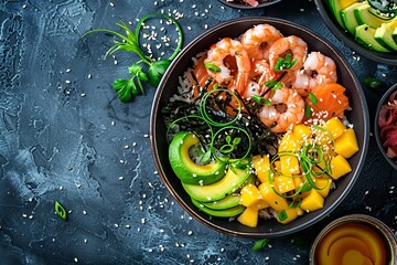 Sticker - Top view of Hawaiian poke bowls with salmon shrimp seaweed avocado mango ginger sesame seeds