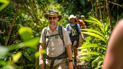 a ranger guiding tourists through the jungle in national park