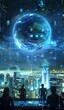 © panu101 - Futuristic Digital Cityscape with Holographic Sphere and Data Interface