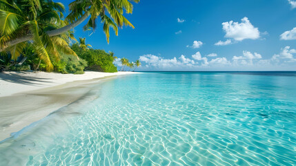 Tropical Paradise Beach Photo with Crystal Clear Water and Palm Trees