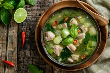 Poster - Top view of Thai bitter gourd soup with pork in a wooden bowl