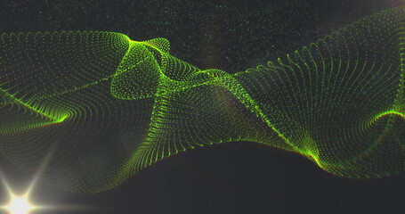 Poster - Image of green dynamic wave of dots and lens flare moving against black background