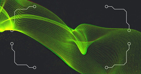 Poster - Image of patterned borders around green twist data connection wave moving on black background