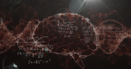 Poster - Image of mathematical equations, light spot and digital wave over spinning human brain icon