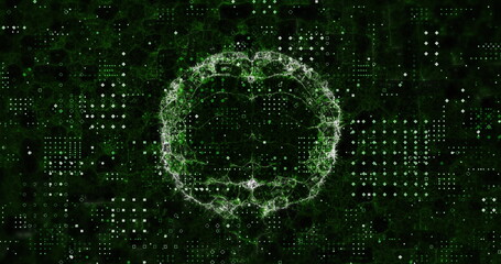 Poster - Image of rows of dots pattern over spinning human brain icon against green background