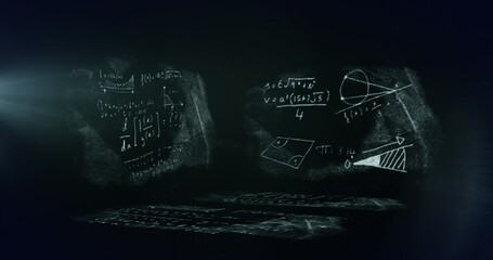 Poster - Image of network of connections and light spot over chalkboards with mathematical equations