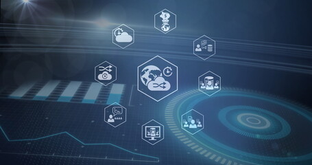 Poster - Image of data processing over icons and scope