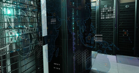 Poster - Image of data processing and world map over server room