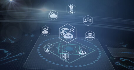 Poster - Image of icons, computer circuit board and data processing