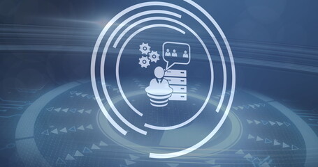 Poster - Image of  a digital icon over round scanner and light spot against blue background