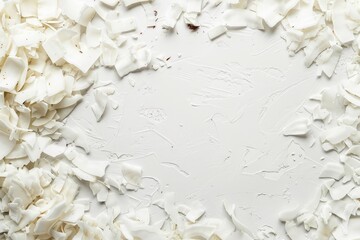 Wall Mural - Top view of white background with fresh coconut flakes