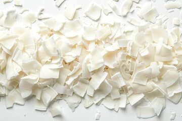 Wall Mural - Top view of white background with fresh coconut flakes close up