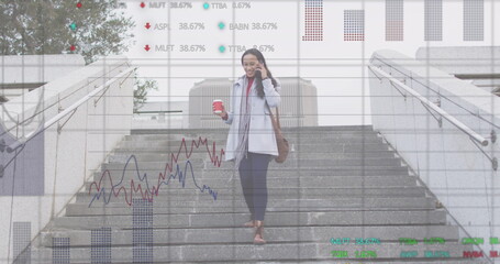 Poster - Image of graphs, trading board, biracial woman talking on phone with coffee walking downstairs