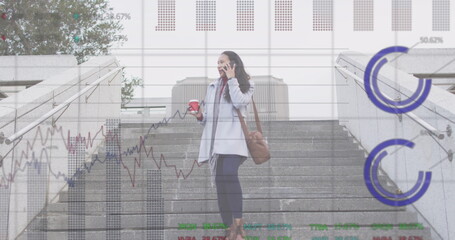 Poster - Image of graphs, trading board, biracial woman talking on phone with coffee walking downstairs