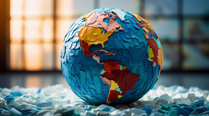 A globe made entirely out of recycled materials like paper, plastic, and metal. 