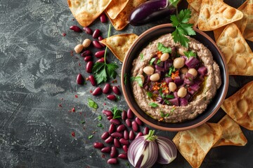 Canvas Print - Traditional Arab vegan dip with red corn chips top view