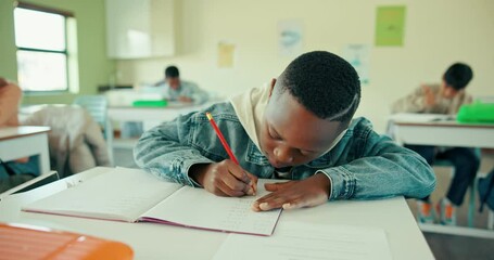 Poster - School, writing and child in classroom with notebook for learning, knowledge or answer to question. Academy, student and boy kid with problem solving for assessment, education or development