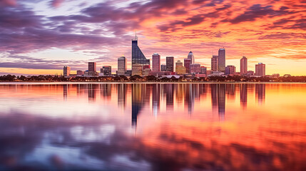 Wall Mural - A city skyline is reflected in the water at sunset.