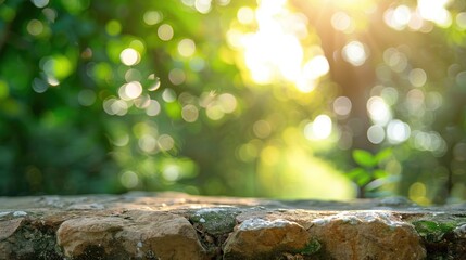 Poster - Sandstone perspective with blurred natural green background bokeh lights and sunlight for a cover page depicting a fresh environment or wallpaper design