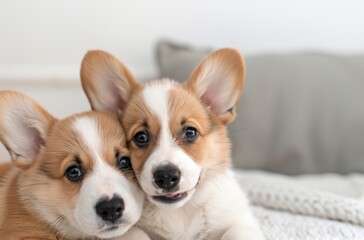 Adorable image of two Corgi puppies cuddling on a cozy bed, showcasing their cute and playful nature in a comfortable home setting.