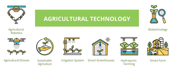  Agricultural Technology Lineal Color Banner Web Icon Set Vector Illustration, Agricultural Robotics Drones Sustainable Smart Greenhouses Hydroponic Farming Smart Farm Biotechnology 