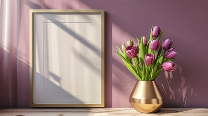 Canvas Print - Mockup of golden framed vase with magenta tulip bouquet Empty frame for artwork presentation Modern art template