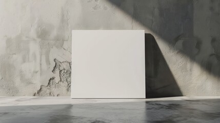 blank square canvas art mockup leaning on concrete wall with sunlight shadow. minimalist interior de