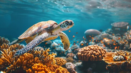 Wall Mural - Turtle with Beautiful Shell on Coral Reef 