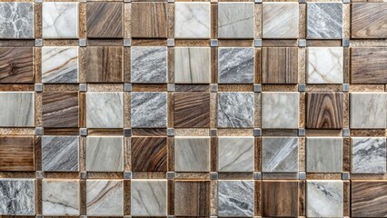 Wall Mural - Elegant grey marble and rich wood mosaic tile plate texture with subtle veining pattern, ideal for luxurious architecture design backgrounds.