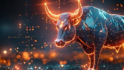 Poster - This digitally rendered bull silhouette with glowing orange and blue lights against a dark background.