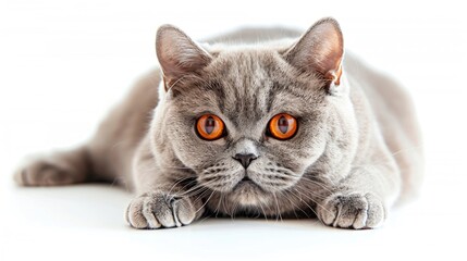 Wall Mural - Obese British shorthair cat with big red eyes on white background