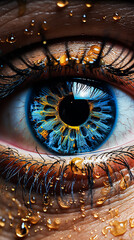 Wall Mural - A close up of a person's eye with a blue iris and a yellowish tint