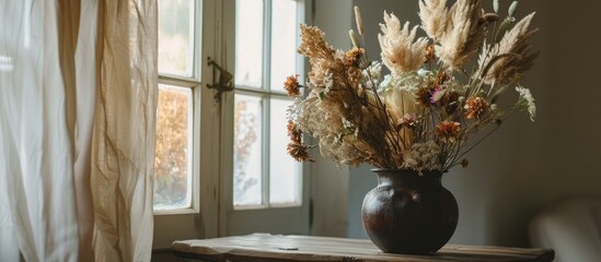 Canvas Print - Beautiful dried floral decor in a vase on a table in a room