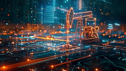 Poster - This abstract, digital oil rig in a futuristic cityscape. Funding concept