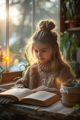 Wall Mural - little girl reading a book at home