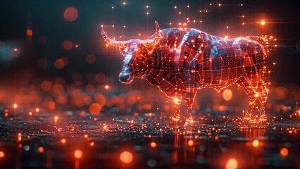 Poster - This digital red bull stands on a city of lights. Funding concept