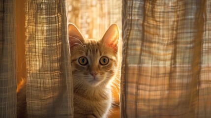 Wall Mural - Cute Cat Peeks from Behind the Curtain