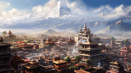 A city with many buildings and a mountain in the background.