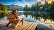 © DigitalArt Max - A tranquil brown bear sits on a wooden chair on a deck overlooking a serene lake, sipping coffee from a white mug.