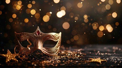 Poster - Purim Festive Decorations Golden Mask Star and Glitter on Dark Background